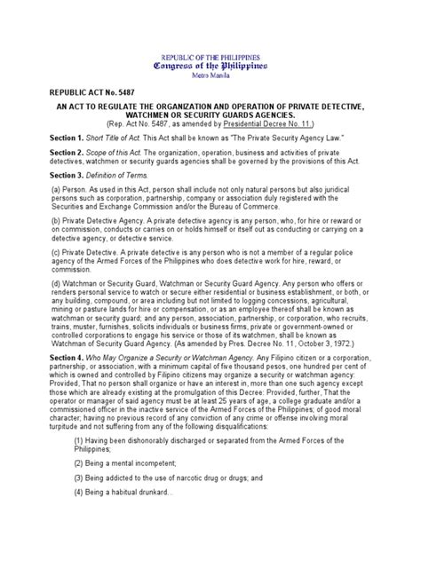 ra 5487|Republic Act No. 5487 The Private Security Agency Law.